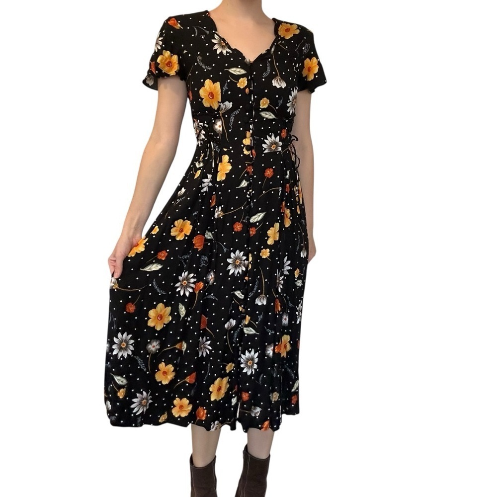 Vintage Lace Up Dress Midi Modest 90s Whimsigoth Fall Floral Black Size Small